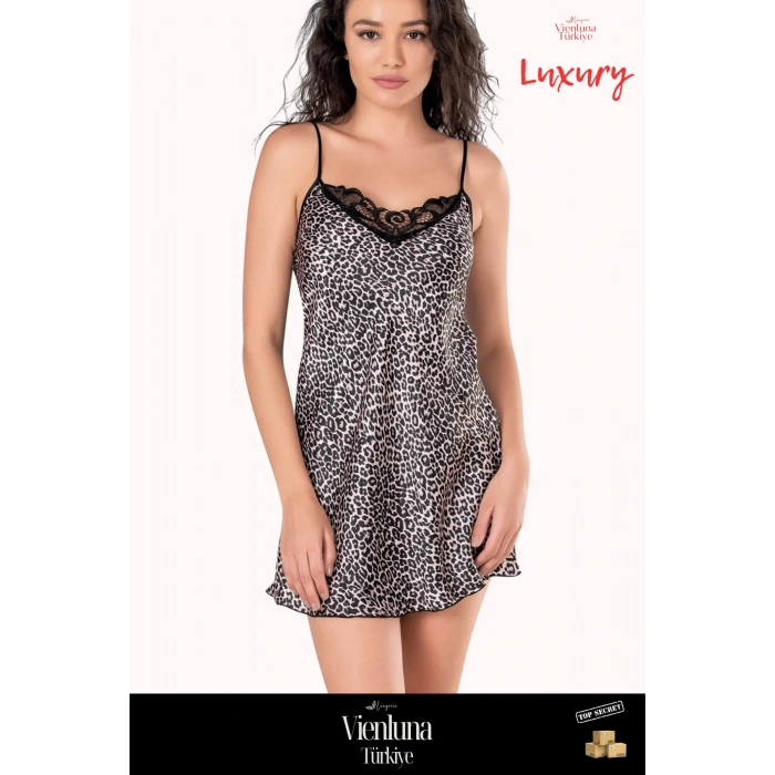 Özel Üretim Premium Seri Şık Lüks Zarif Modern Fantezi Erotik Seksi Rahat Leopar Kısa Saten Gecelik