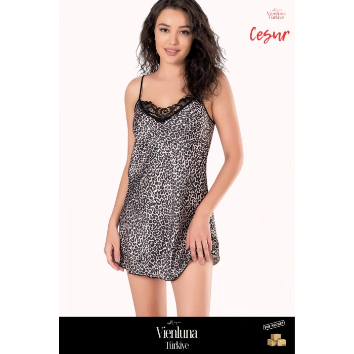 Özel Üretim Premium Seri Şık Lüks Zarif Modern Fantezi Erotik Seksi Rahat Leopar Kısa Saten Gecelik