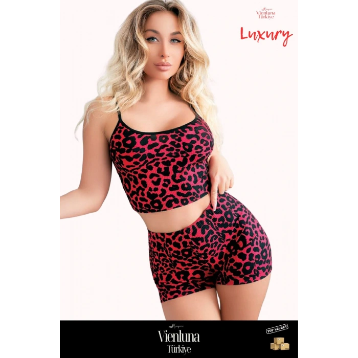 Premium Seri Lüks Zarif Modern Fantezi Erotik Seksi Rahat Kadın Şık Leopar Desenli Şortlu Takım