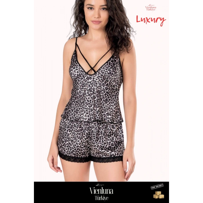 Yeni Sezon Premium Ürün Kadın Şık Lüks Modern Fantezi Seksi Zarif Leopar Saten Babydoll Şort Takımı