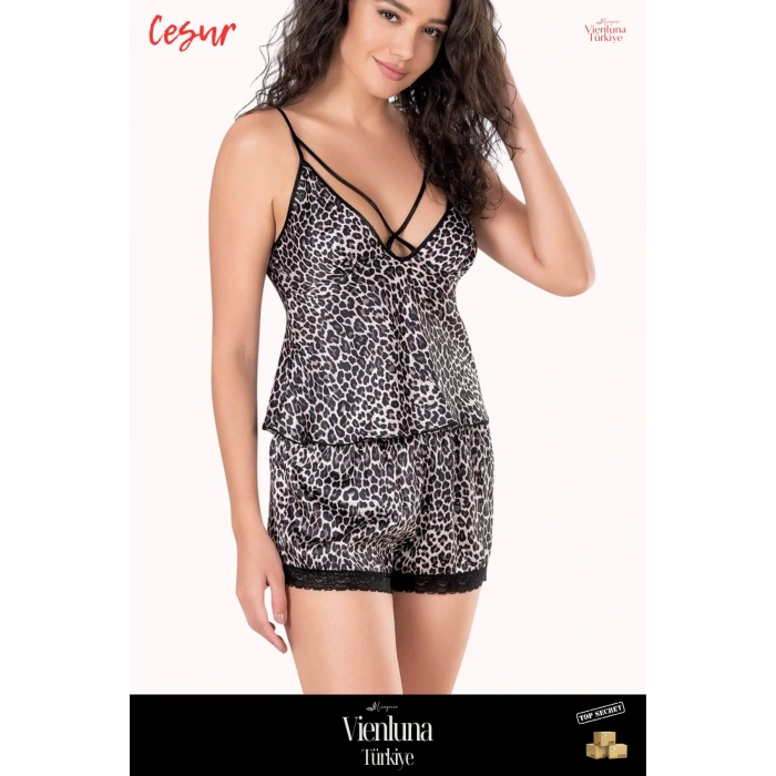 Yeni Sezon Premium Ürün Kadın Şık Lüks Modern Fantezi Seksi Zarif Leopar Saten Babydoll Şort Takımı