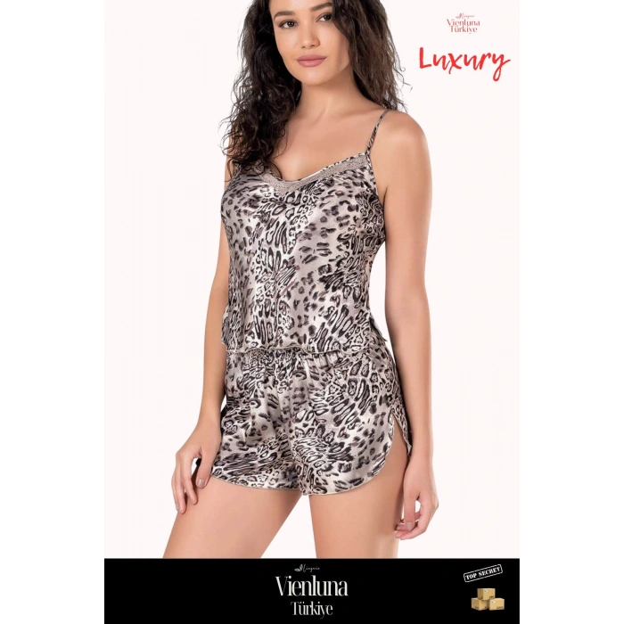 Premium Seri Yeni Sezon Kadın Lüks Zarif Fantezi Seksi Rahat Leopar Saten Babydoll Şort Takımı
