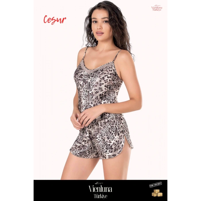 Premium Seri Yeni Sezon Kadın Lüks Zarif Fantezi Seksi Rahat Leopar Saten Babydoll Şort Takımı