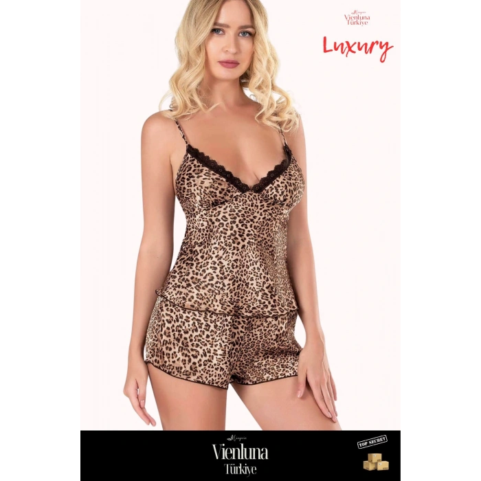 Yeni Sezon Premium Lüks Kadın Fantezi Çok Şık Modern Zarif Leopar Saten Babydoll Şort Takımı