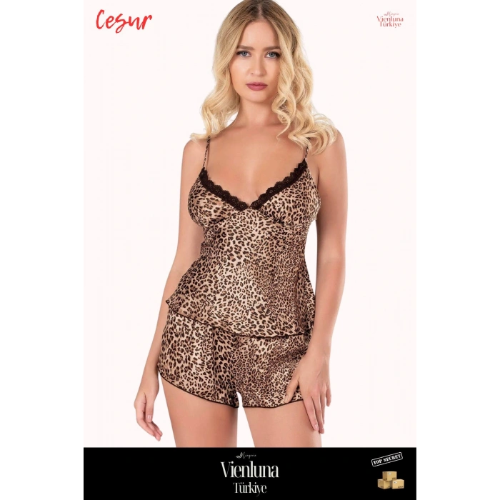 Yeni Sezon Premium Lüks Kadın Fantezi Çok Şık Modern Zarif Leopar Saten Babydoll Şort Takımı