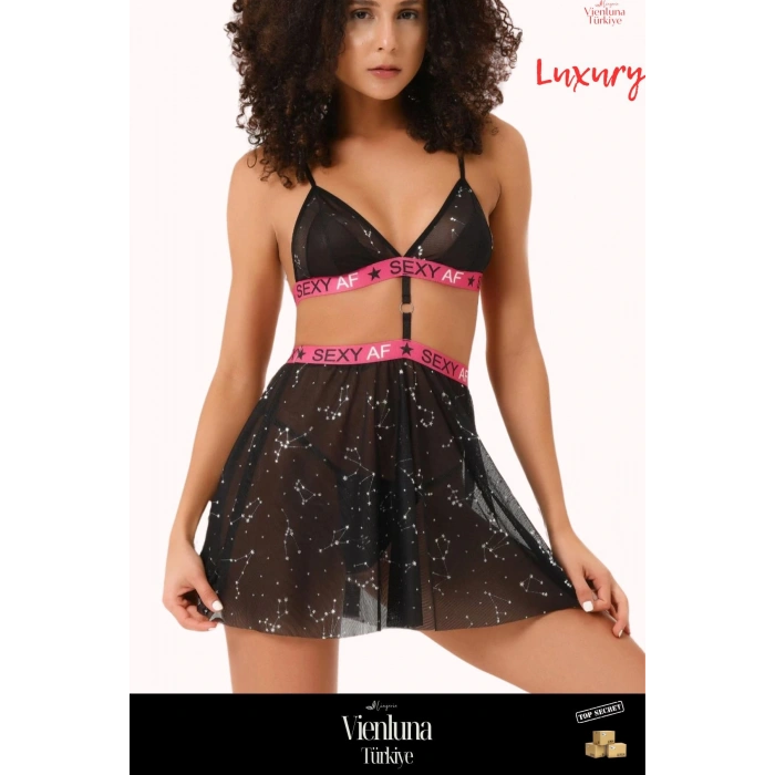 Premium Seri Lüks Zarif Tarz Fantezi Tül Üstüne Baskılı Şık Sütyen Külot Etekli Seksi Yazılı Gecelik