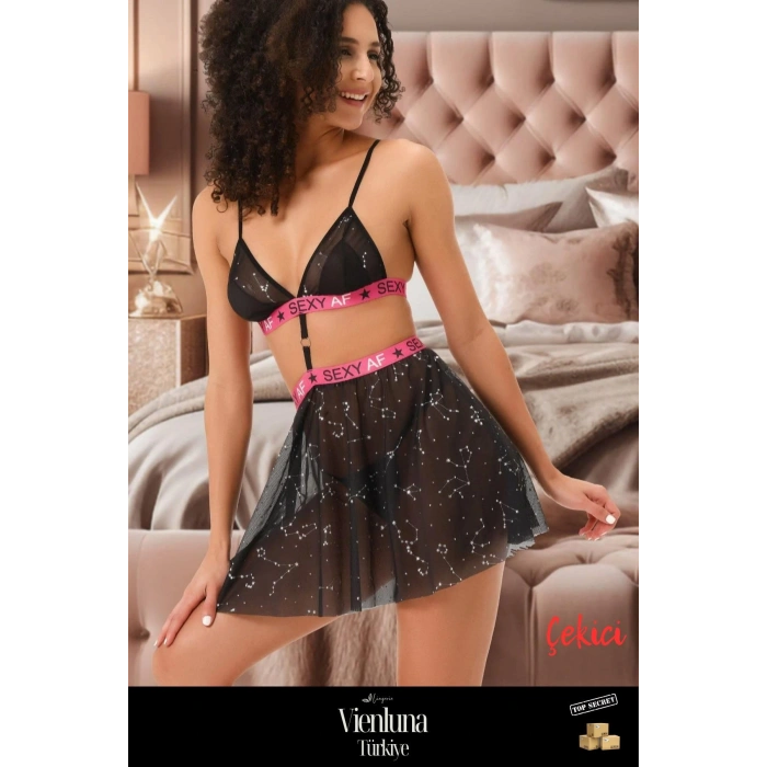 Premium Seri Lüks Zarif Tarz Fantezi Tül Üstüne Baskılı Şık Sütyen Külot Etekli Seksi Yazılı Gecelik