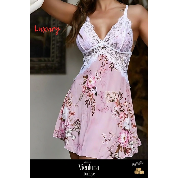 Yeni Sezon Premium Özel Şık Lüks Lüks Mikro Üstüne Çiçek Baskılı Ortası Çapraz Fantezi Gecelik Takım