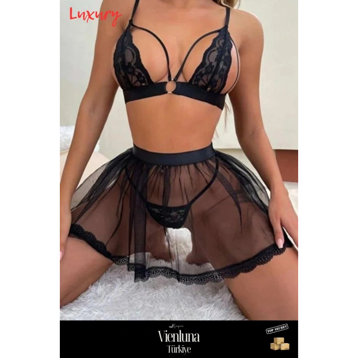 Özel Üretim Premium Ürün Lüks Seksi Erotik Transparan Dantelli Alt Üst İkili Tül Fantezi Gecelik