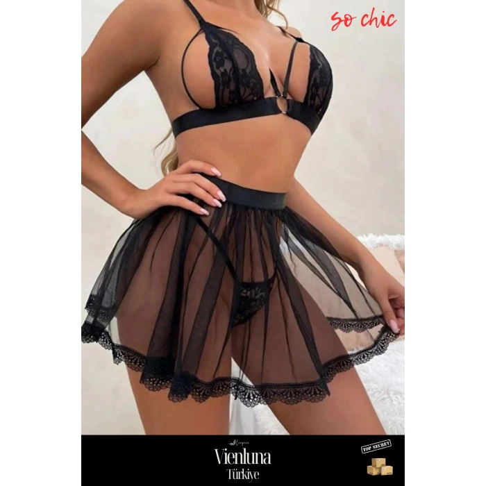 Özel Üretim Premium Ürün Lüks Seksi Erotik Transparan Dantelli Alt Üst İkili Tül Fantezi Gecelik