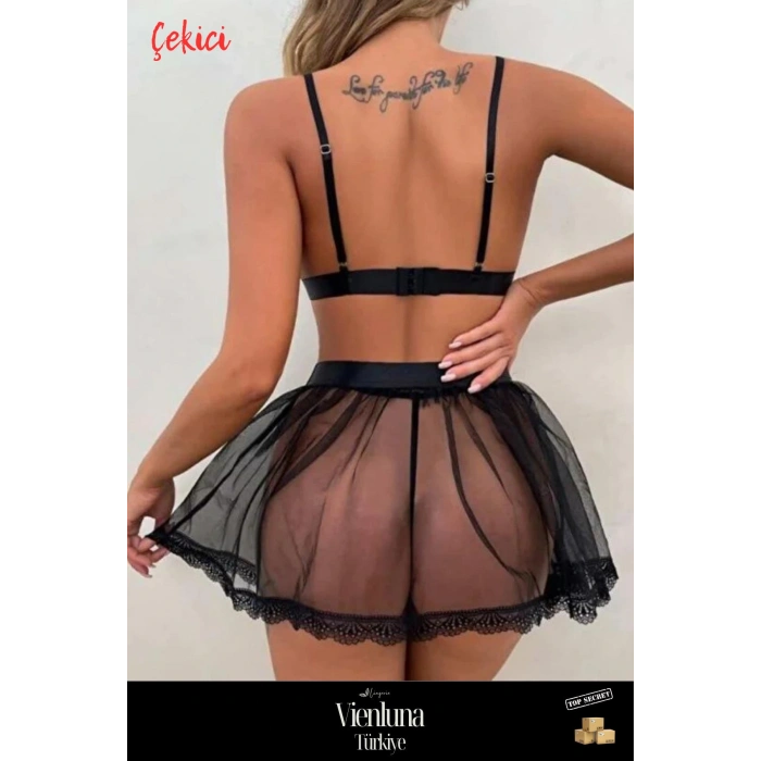 Özel Üretim Premium Ürün Lüks Seksi Erotik Transparan Dantelli Alt Üst İkili Tül Fantezi Gecelik