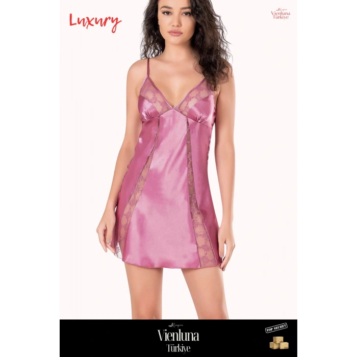 Yeni Sezon Premium Şık Lüks Zarif Modern Tarz Trend Çekici Fantezi Gül Kurusu Kısa Saten Gecelik