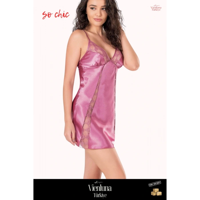 Yeni Sezon Premium Şık Lüks Zarif Modern Tarz Trend Çekici Fantezi Gül Kurusu Kısa Saten Gecelik