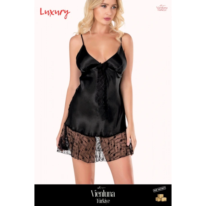 Yeni Sezon Premium Ürün Şık Lüks Zarif Modern Tarz Trend Çekici Fantezi  Siyah Kısa Saten Gecelik