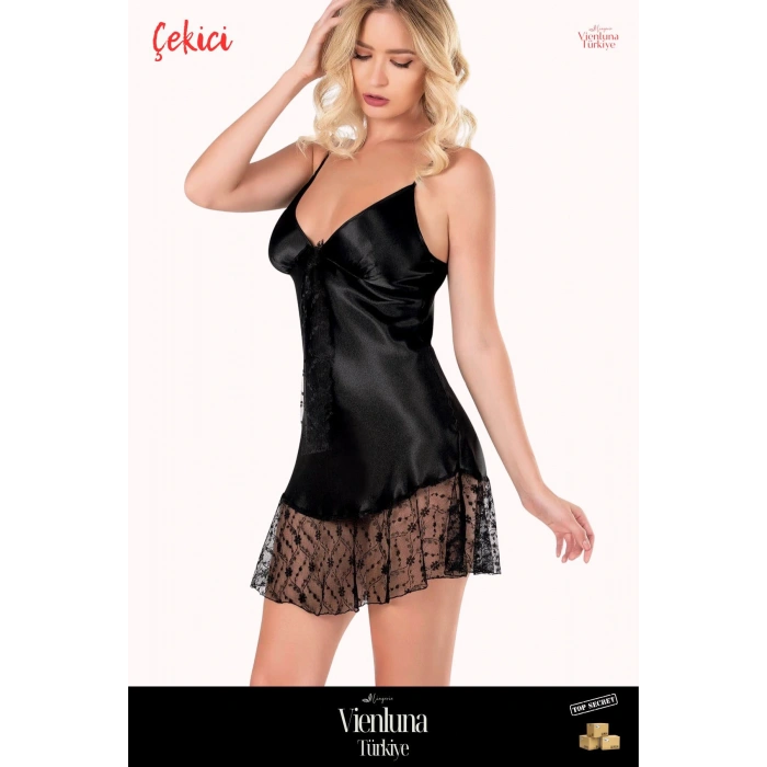 Yeni Sezon Premium Ürün Şık Lüks Zarif Modern Tarz Trend Çekici Fantezi  Siyah Kısa Saten Gecelik