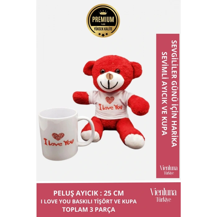 Premium Sevgililer Doğum Günü Özel Kaliteli Romantik I Love You Baskılı Kupa Kırmızı Ayıcık Seti