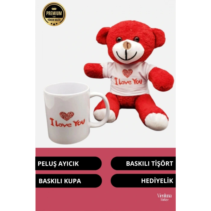 Premium Sevgililer Doğum Günü Özel Kaliteli Romantik I Love You Baskılı Kupa Kırmızı Ayıcık Seti