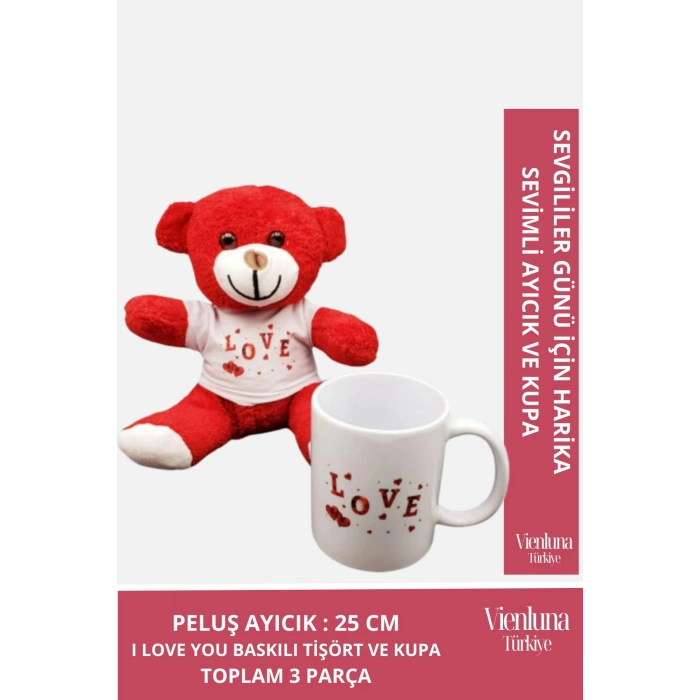 Özel Tasarım Sevgililer Doğum Günü Özel Kaliteli Romantik Love Baskılı Kupa Kırmızı Ayıcık Seti