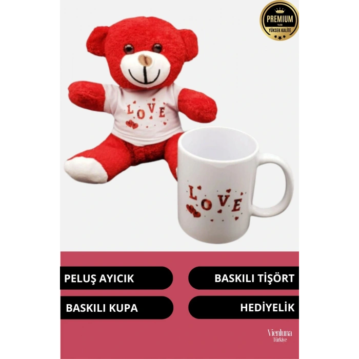 Özel Tasarım Sevgililer Doğum Günü Özel Kaliteli Romantik Love Baskılı Kupa Kırmızı Ayıcık Seti