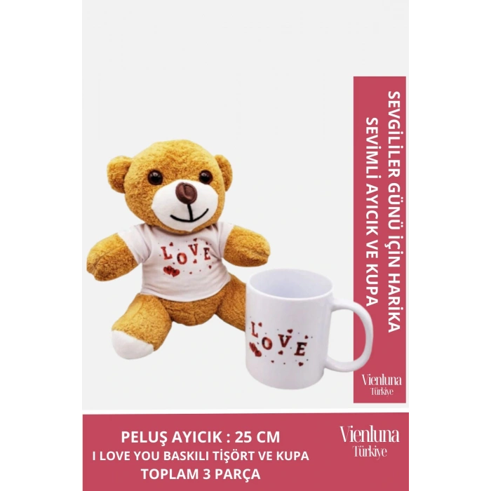 Özel Tasarım Sevgililer Doğum Günü Özel Kaliteli Romantik Love Tasarımlı Kahverengi Ayıcık Kupa Seti