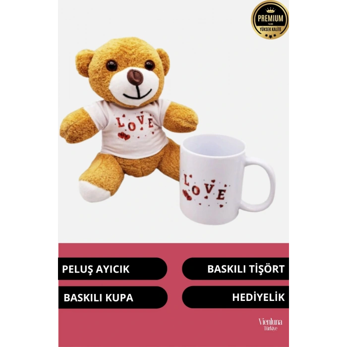 Özel Tasarım Sevgililer Doğum Günü Özel Kaliteli Romantik Love Tasarımlı Kahverengi Ayıcık Kupa Seti