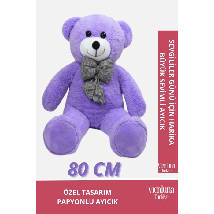 Özel Üretim Sevgililer Doğum Günü Hediye Manita Eş Sevgili Sevimli Papyonlu 80 Cm Mor Büyük Ayıcık