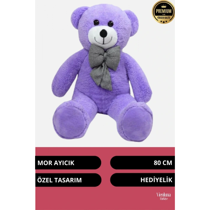 Özel Üretim Sevgililer Doğum Günü Hediye Manita Eş Sevgili Sevimli Papyonlu 80 Cm Mor Büyük Ayıcık