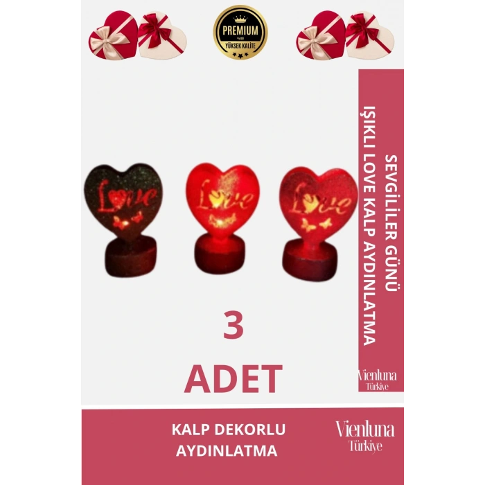 Yüksek Kalite Armağan Masa Yatak Odası Sevgi Aşk Temalı Işıklı Love Kalp 3lü Set Aydınlatma