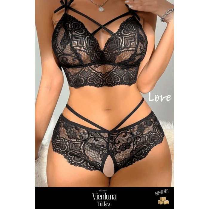Premium Seri Kadın Fantezi Erotik Seksi Lüks Zarif Özel Bölgesi Açık Dantelli Sütyen Külot Takım