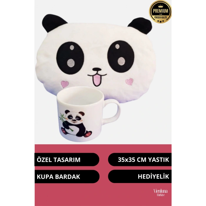 Özel Tasarım Sevgililer Doğum Günü Manita Sevgili Baskılı Kupa Bardak Hediyeli Peluş Panda Yastık