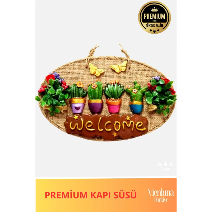 Özel Üretim Tamamen El İşçiliği Premium Hasır Çiçeklerin Büyüsü Welcome Yazılı Kapı ve Duvar Süsü
