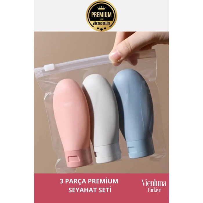 Premium Ürün Özel Çantalı Taşınabilir Tatil Seyahat Plaj Deniz Makyaj Krem Sprey Banyo Seti 3 Parça