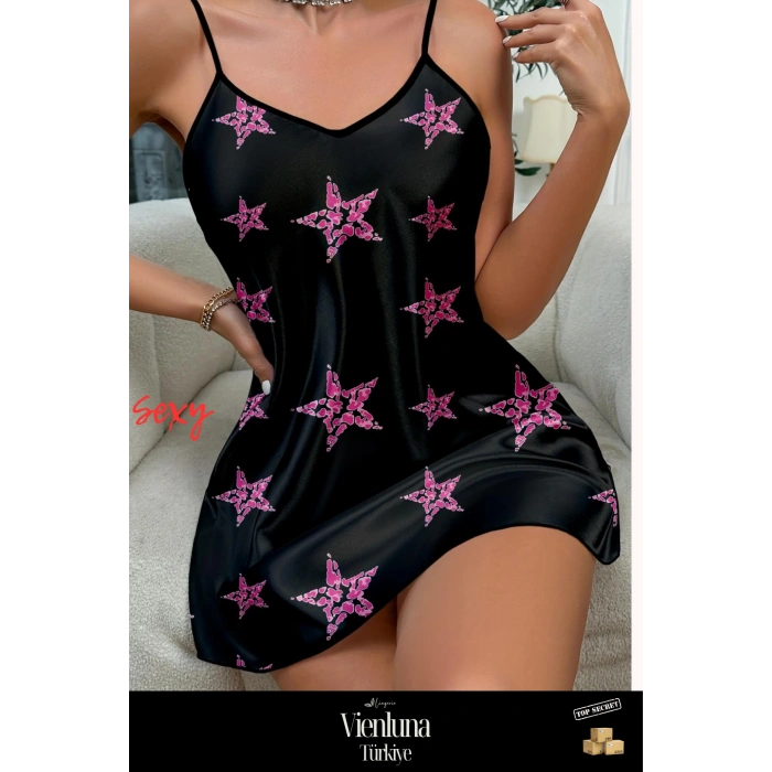 Yeni Sezon Premium Ürün Seri Şık Lüks Zarif Modern Seksi Çekici Yıldız Desenli Siyah Saten Gecelik