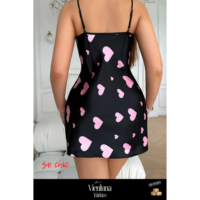 Yeni Sezon Premium Seri Fantezi Modern Şık Lüks Zarif Seksi Çekici Pembe Kalp Desenli Saten Gecelik