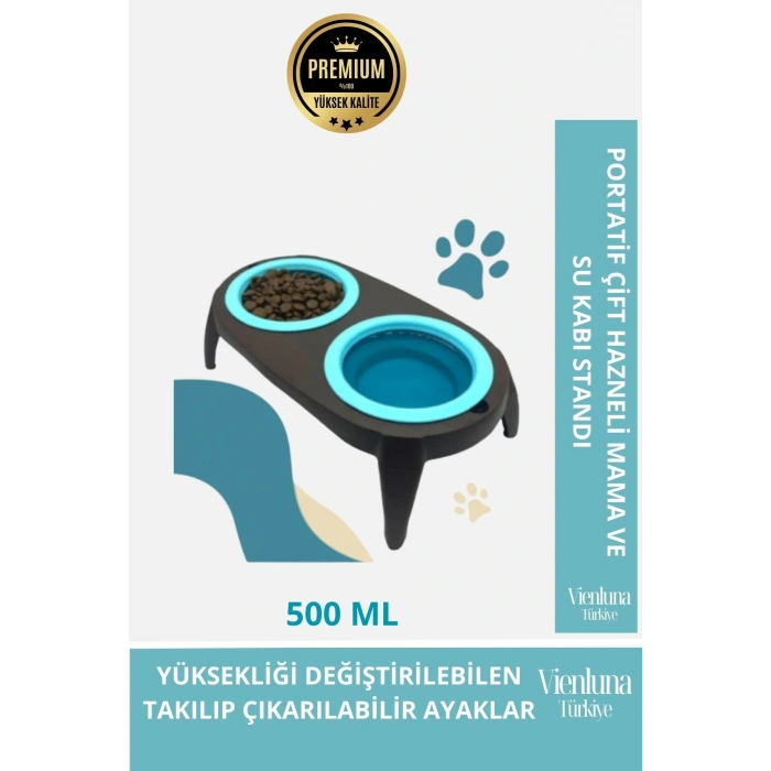 Premium Ayarlanabilir Yükseklik Portatif Çift Hazneli Kedi Köpek Mama Su Kabı Katlanabilir Stand