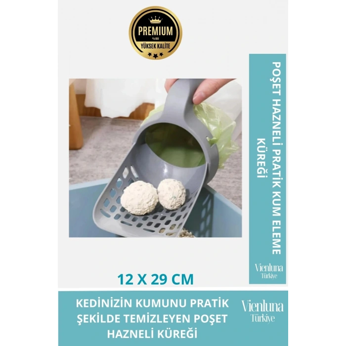 Özel Üretim Poşet Hazneli Pratik Elekli Kedi Kum Temizleme Küreği Kaka Poşeti Hediyeli