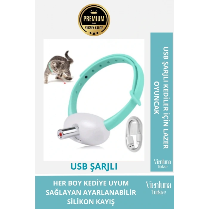 Premium USB Şarjlı Ayarlanabilir Silikon Kayışlı 2 Modlu Otomatik Kapanan Kedi Lazer Oyuncak Tasması