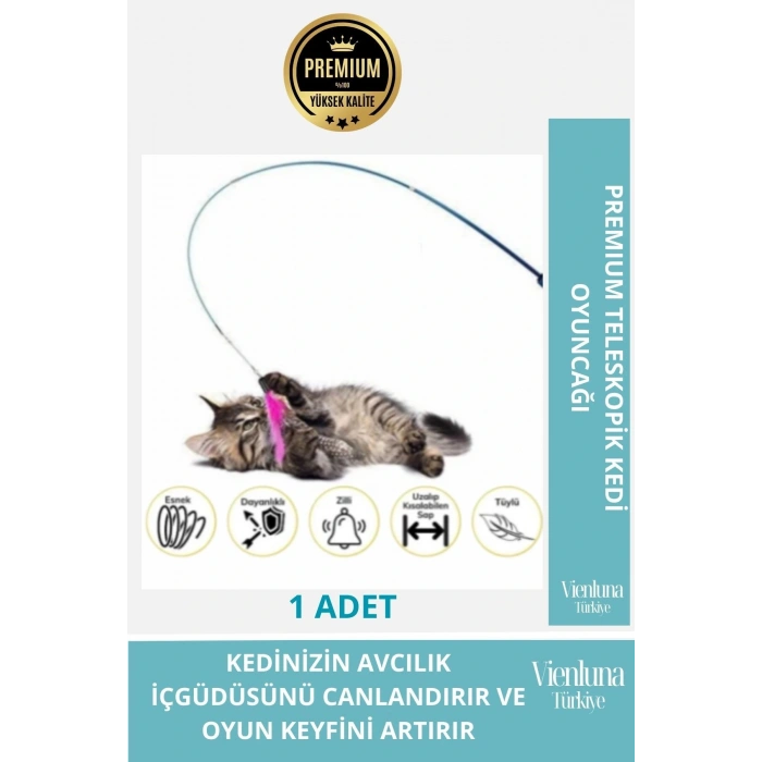 Premium Teleskopik Zilli Tüylü Dayanıklı Kedi Oyuncağı Avcılık İçgüdüsü Canlandırıcı