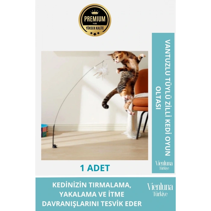 Premium Vantuzlu Tüylü Zilli Kedi Oyun Oltası Eğlenceli İnteraktif Aktivite Oyuncak