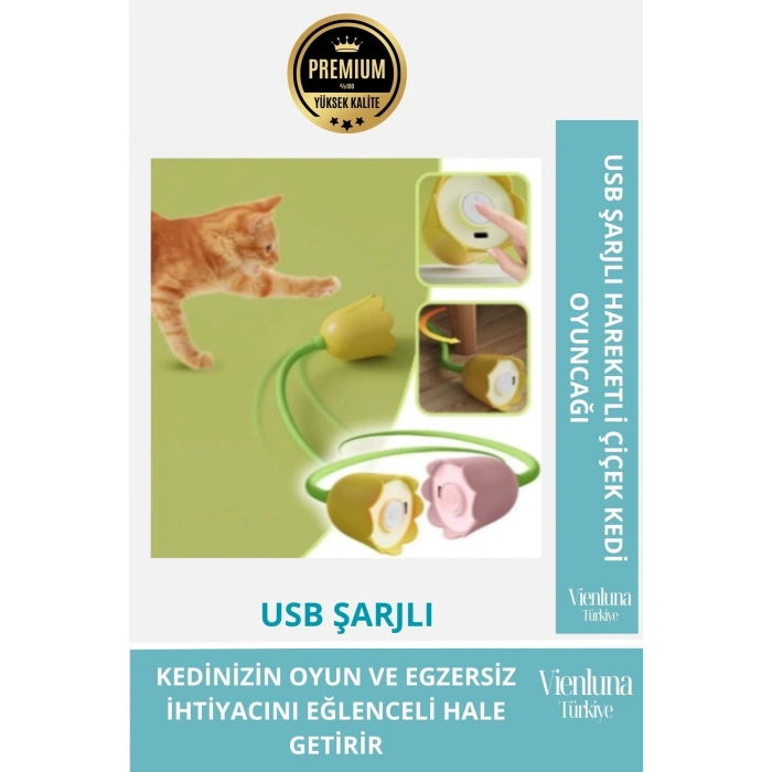 Premium USB Şarjlı Uzun Saplı Hareketli Çiçek Figürlü İnteraktif Kedi Oyuncağı