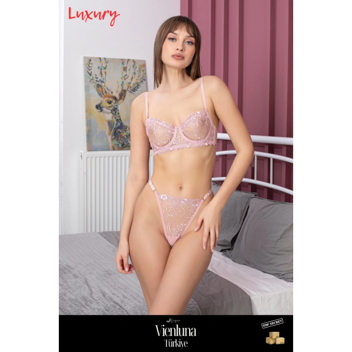 Yeni Sezon Özel Tasarım Bej Siyah Dantel İşlemeli Desteksiz Brode Sütyen Takımı