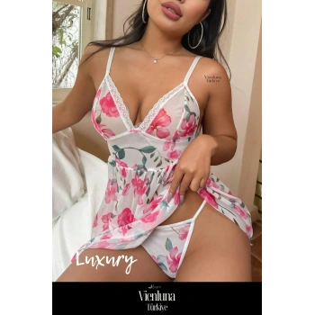 Premium Seri Günlük Erotik Fantezi Çekici Lüks Kalite Rahat Çiçek Desenli Dantel Detaylı Şık Gecelik