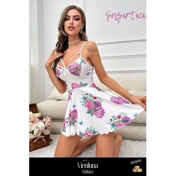 Özel Seri İddialı Kombin Seksi Fantezi Giyim Terletmeyen Stil Pırıltı Çiçekli Askılı Mini Gecelik