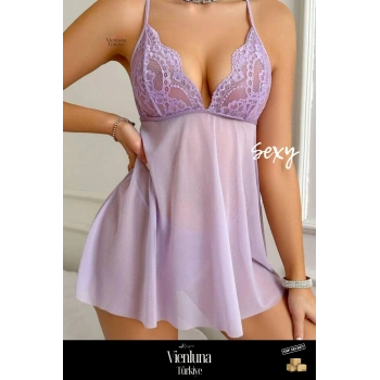 Yeni Sezon Rahat Şık Seksi Fantezi Çekici Stil Tarz Transparan Tül Dantel Detaylı Askılı Gecelik