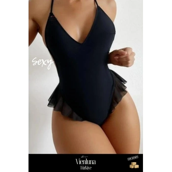 Premium Seri Kadın Lüks Fantezi Şık Çekici Modern Esnek Zarif Rahat Günlük Siyah Fırfırlı Bodysuit