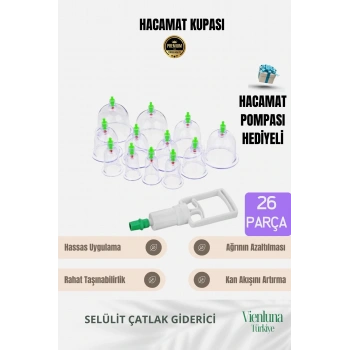 Profesyonel Seri Çatlak Karşıtı Selülit Vakum Destekli Masaj Aleti - 24+2 Parça Hacamat Kupa Seti