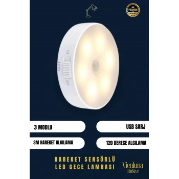Premium Üretim 3 Mod Beyaz Işık Hareket Sensörlü 8 Ledli Usb Pratik Şarjlı Gece Lambası