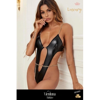 Özel Üretim Premium Ürün Çok Şık Seksi Erotik Deri Görünümlü Zincir İle Süslenmiş Fantezi Babydoll