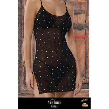 Premium Ürün Özel Kadın Lüks Erotik Seksi Çekici Transparan Tül Üstüne Taş İşlemeli Fantezi Gecelik