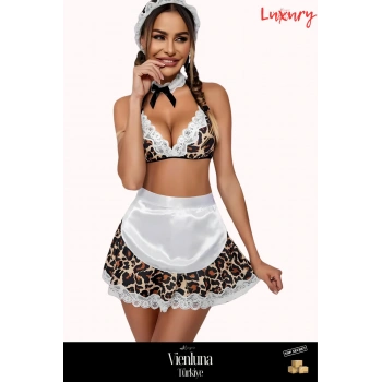 Özel Üretim Premium Şık Lüks Zarif Modern Fantezi Erotik Seksi Leopar Desen Önlüklü Hizmetçi Kostümü